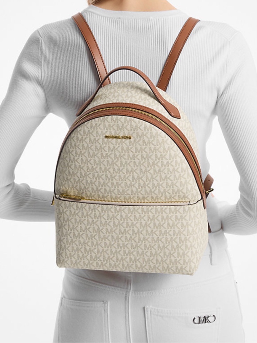 Michael Kors Cream Logo Backpack with Brown Trim and Gold Hardware